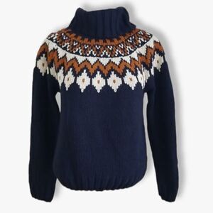 Rachel Zoe Navy Cream Mustard Fair Isle Cowl Neck Acrylic Knitted Sweater